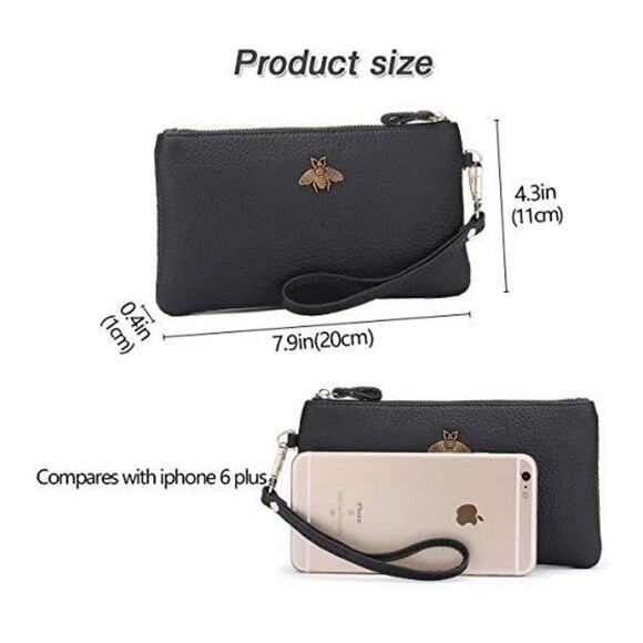 New Hunter Green Leather Zip Wristlet Wallet Bumble Bee on Front - Picture 5 of 8